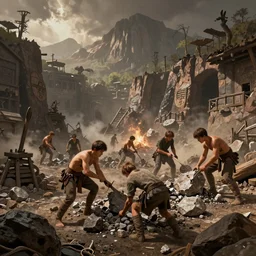 An epic fantasy comic book style landscape painting of young breaker boys working in the mines to break ore, unreal 5, DAZ, hyperrealistic, octane render, dynamic lighting