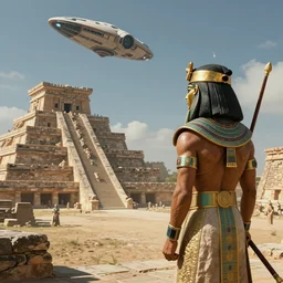 Aztec warrior watching spacecraft landing at an ancient Aztec temple. epic sci-fi fantasy artwork by Sylvain Lorgeou. Trending on artstation