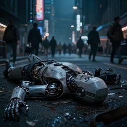 an extreme close - up shot of a hacked cyborg lying destroyed in the middle of a crowded cyberpunk city street at midnight, ominous dark atmosphere, using nikon d 7 5 0 0 and mitutoyo 1 0 x super detailed resolution uhd hdr 4 k