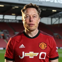portrait photography of elon musk wearing a manchester united shirt at old trafford, golden hour