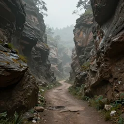 pathway canyon in between mountains, unreal engine, high detail, realism, award winning, mist, detailed lighting