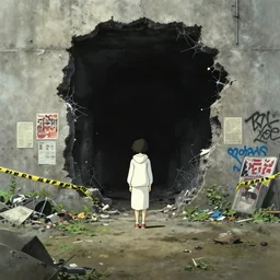 masamune shirow, ghibli, miyazaki movie scene, vansishing point, focal point, foreground, midground, ultra wide, brutalist, white hoodie girl outside a large hole in the side of a concrete wall, black depths, posters, notices, graffiti, banners, police tape, junk, overgrown, spiderwebs