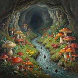 photorealistic painting of a colorful fungus garden in a cave, birds eye view, Hiroo Isono, dark, foggy, cavern, shy beetles, river running through it