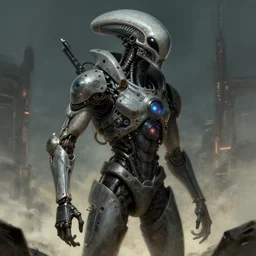sci - fi art, alien tech hunter, art by fred gambino