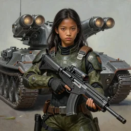 a photorealistic painting of an attractive young girl, clothed in stealth-battle armor with a giant sci-fi sniperrifle in her hands, olive skin, long dark hair snd ebony skin, symmetrical face, a futuristic hover-tank with heavy laser-turret in the background, intricate details, elegant, digital painting, illustration, sharp focus, minimal artifacts, from Metal Gear, in the style of Ruan Jia and Mandy Jurgens and Greg Rutkowski, trending on Artstation, award winning, unreal engine, octane render