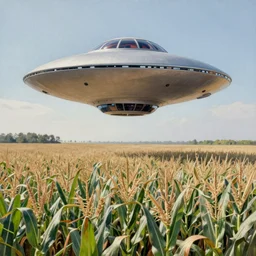 a ufo landing on corn field, painted by bruce pennington, very detailed, stunning, 8 k, high quality