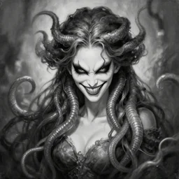 medusa painting, black and white, wicked grin, artstation, detailed, blurred background