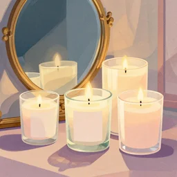 illustration with a set of beautiful scented candles, close - up photo in cozy interior, candle lighting, shadow play, light refraction, mirror, glowing, pinterest, an art deco painting by tom whalen, trending on behance, art deco, digital illustration, storybook illustration, grainy texture, flat shading, vector art, airbrush, pastel, watercolor, poster