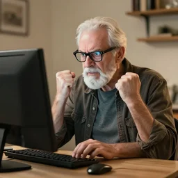old man hipster angry at computer
