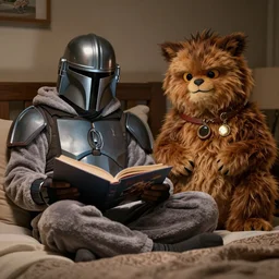 the mandalorian wearing cosy pyjamas, tucked up at bedtime being read a story by jabba the hut