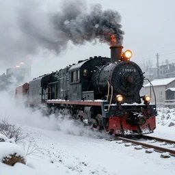 an old locomotive is rushing through the snow storm in high speed, white steam on the side, and dark smoke with fire from the pipes, dynamic angled shot, speed lines, fire particles and snowflakes everywhere, 8k, hyperrealistic, ultra sharp, octane render, unreal engine, light breaks through the roofs, artstation, very detailed, 16k, cinematic scenery,