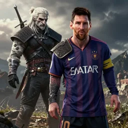 Messi as the witcher, the witcher wild hunt, detailed, realistic, Octan, high resolution, unreal,