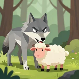 a vector geometric art, angry wolf biting a cute sheep, forest in the background