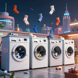 washing machines attacking city and socks flying everywhere, 1 9 7 0 s science fiction movie poster, behance, trending on artstation, octane render, unreal engine