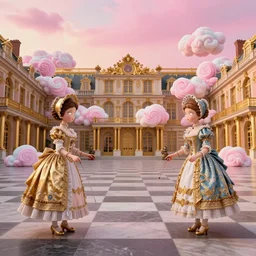 a large fantastic palace with checkerboard floors and pink sky at sunset with swirling marshmallow clouds inside gold palace , two cute women ,symmetrical faces, white sclera, smooth cheeks, doll head, full body character, wearing victorian dresses that look like ornate porcelain and gold teacups, playing jumprope, in the style of Nataly Abramovich, Kukula , Mark Ryden, Alice in Wonderland
