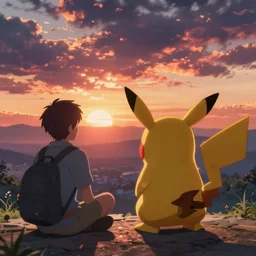 pokemon watching a sunset, by makoto shinkai, greg rutkowski, artstation, high detailed, cgsociety