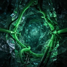 geometric glossy ice cavern with green watercooling coolant tubing and jitter effects, spiky edges, dark, octane render, raytracing, subsurface scattering, global illumination, 8 k, album cover