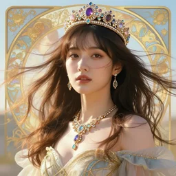 a beautiful noami osaka, adorned with precious stones, tiara and necklace by jeremy mann and alphonse mucha, photo realistic, dynamic lighting, windy, artstation, poster, dreamy, volumetric lighting, ethereal, 4 k, high detail