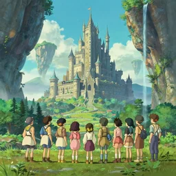a wholesome animation key shot of a huge fantasy castle in the distance amidst massive island cliffs with forest and fields, epic mountains with waterfalls, high detail, mononoke, breath of the wild, award winning, animation key frame, cinematic shot, studio ghibli, in the style of hayao miyazaki and greg rutkowski and loish, rhads, ferdinand knab, makoto shinkai and andreas rocha and lois van baarle and ilya kuvshinov and rossdraws and tom bagshaw