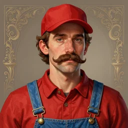 highly detailed vfx portrait of a man with a mustache wearing a red shirt, blue overalls, and a red cap, artstation, art by sam spratt, digital illustration, ornate details,