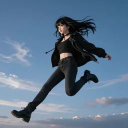 1 7 - year - old pale - skinned anime girl with black long bob cut, long bangs, black gothic jacket, black jeans, flying through sky, ultra - high jump, late evening, blue hour, cirrus clouds, pearly sky, ultra - realistic, sharp details, subsurface scattering, blue sunshine, intricate details, hd anime, 2 0 1 9 anime