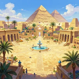 A wide open courtyard made of limestone in an epic, colorful city in ancient Egypt, anime, pyramids, palm trees, fountain, a fantasy digital painting by Greg Rutkowski and James Gurney, trending on Artstation, highly detailed