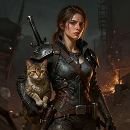fallout 5 concept art, female protagonist and feline companion, atmospheric lighting, painted, intricate, volumetric lighting, beautiful, gritty, rich deep colours masterpiece, sharp focus, ultra detailed by jack kirby, ignacio fernandez rios, thierry doizon