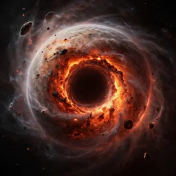 planet imploding, highly detailed, realistic, cinematic lighting, atmospheric, nebula, debris, magma, black hole, 4 k, concept art
