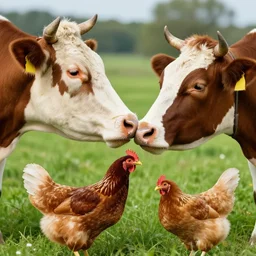 a cow kisses a chicken