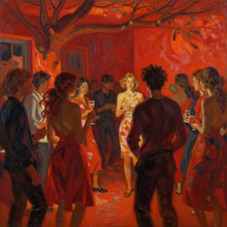 a beautiful painting, party in the style of stefan norblin, intricate, red and orange colour scheme