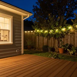 a still photo of a backyard at night with fairy lights, house on the left side with wooden flooring, warm lighting