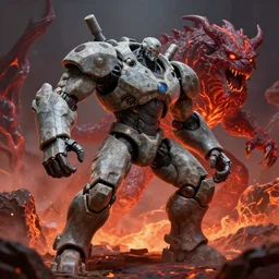 epicly designed very muscular stone obsidian robot with human body fighting a deadly beast made from lava with background by greg rutkowski