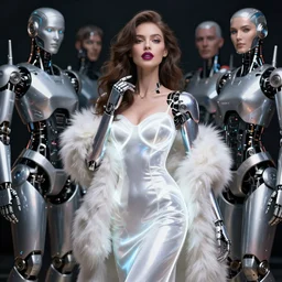 beautiful fantasy woman android with bright lipstick wearing glowing white dress with white fur, seductive pose, futuristic, ultra realistic, dramatic lighting, robots, highly detailed by peter mohrbacher, hajime sorayama, wayne barlowe, boris vallejo, aaron horkey, gaston bussiere, craig mullins, octane render, cycles render, vray, iridescent