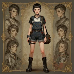 a full body portrait of a beautiful androgynous punk girl with short hair and beautiful eyes, beautiful face, wearing tall combat boots, who is a mechanic wearing overalls carrying a bag, digital concept art, detailed digital painting, ornate decorative background, by j. c. leyendecker and edward blair leighton and charlie bowater, trending on artstation