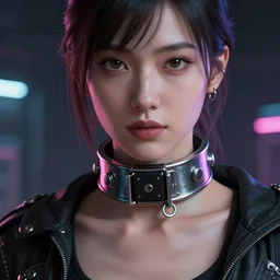 detailed realistic female character cyberpunk wearing thick steel collar around neck, realistic, art, beautiful, 4K, collar, choker, collar around neck, punk, artstation, detailed, female, woman, choker, cyberpunk, neon, punk, collar, choker, collar around neck, thick collar, tight around neck, punk, ((((looking at viewer)))),
