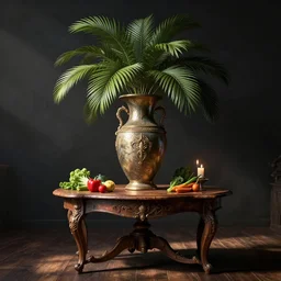 a large vase with palms on top of a antique wooden table, vegetables on table and candle, medieval concept art, cinematic lightning and colors, vray tracing, rendered in unreal engine, dark lightning, contrast shadows, super detailed, 8 k