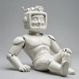 portrait of a futuristic blanco ceramic Spanish prince grinning humanoid robot with a handsome face wearing a plastic crt monitor screen face and muscular body reclining, macho, piroca, dotado, guapo, matte surface, trending on cgsociety