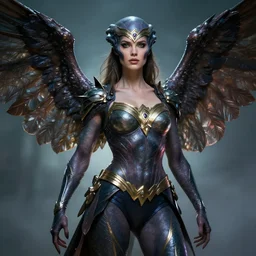 a female super hero chimera, half human half alien hybrid with wings, gorgeous, stunning art by artgerm, mullins, klimt, keown, dramatic lighting, cinematic