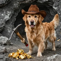 photo of a golden retriever in a gold mine wearing a western hat and finding gold nuggets with a pickaxe