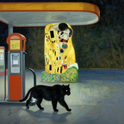 a black beast walking in an abandoned gas station, by Henri Rousseau, by Klimt, by Hopper, digital art