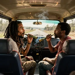 Bob Marley and Ross Parks passing the bong on the back of the bus; smoke out; cinema film; art direction by John Gaeta
