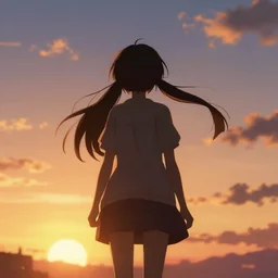 anime girl facing the isekai sunset, hyper backlit!!!!!!!!!!!!!!!! silhouette in the style of a grand adventure