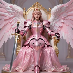 gorgeous!! hyper - realistic princess wearing ornate pink knight armor, angel wings, angemon l sitting at the thrown, holding a long sword | divine, elegant, ethereal, heavenly | illustration, intricate, high detail, ultra graphics, daz | drawn by wlop, drawn by jeehyung lee, drawn by artgerm