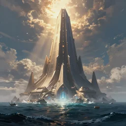 star wars concept art by greg rutkowski, a palatial and imposing tall god humanoid back view of pyramid tech tower emerging from the sea in the middle of a ocean landscape, enigmatic atmosphere, beautiful and cinematic lighting, artstation hq.