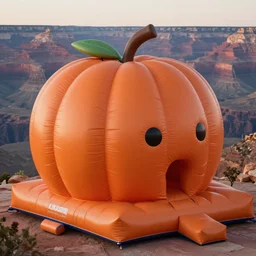 huge matte orange adult bouncy castle in big fruits form in mop head material like a big puffer with seams, on a grand canyon landscape, style by anish kapoor, parts by shih chieh huang, warm soft light, shallow depth of field realistic, 8 k, hyperrealism, subsurface scattering, raytracing