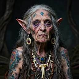 portrait of a haggard old wrinkled female goblin shaman, colourful, intricate ornate scars and tattoos all over, bone jewellery, dark ambience, rococo style