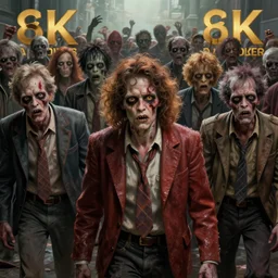 zombie horde approaching camera, zombies wearing clothes from the 8 0's, zombies with hairstyles from the 8 0's, fine art, award winning, intricate, elegant, sharp focus, cinematic lighting, highly detailed, digital painting, 8 k concept art, art by guweiz and z. w. gu, masterpiece, trending on artstation, 8 k