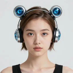 cute young woman with robot ears and eyes, 4k, Aiste Stancikaite