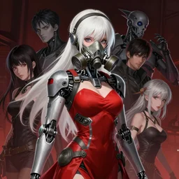 white haired cyborg girl wearing a gas mask and red dress | | audrey plaza, warframe armor, fine detail!! anime!! realistic shaded lighting!! poster by ilya kuvshinov katsuhiro otomo ghost - in - the - shell, magali villeneuve, artgerm, jeremy lipkin and michael garmash and rob rey