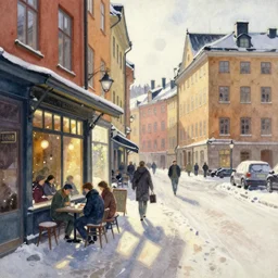 abstract watercolor painting of stockholm street, winter, magical and traditional, cinematic light, cafe, sharp shadows, daylight, national romanticism by anders zorn, by greg rutkowski, by greg manchess